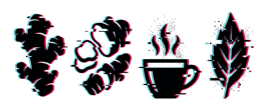 Ginger root slices hot tea cup leaf icons with glitch effect, vector illustration set