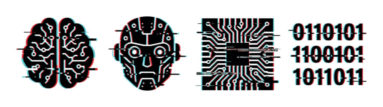 Brain robot circuit board binary code icons with glitch effect, representing artificial intelligence and digital technology
