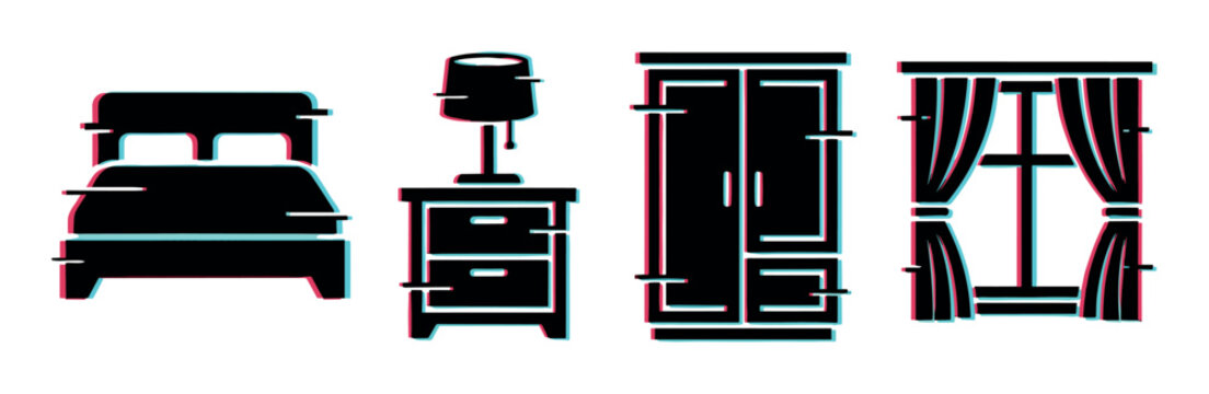 Bedroom furniture bed nightstand lamp wardrobe window curtains icons with glitch effect vector illustration