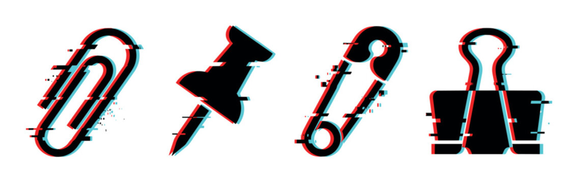 Paper clip, push pin, safety pin, and binder clip office supplies with glitch effect vector illustration