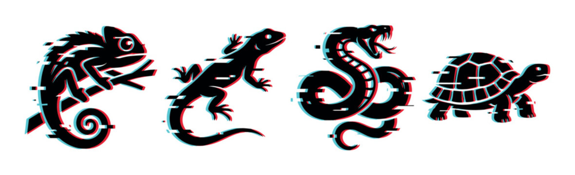 Chameleon lizard snake turtle reptile animals with glitch effect vector illustration set