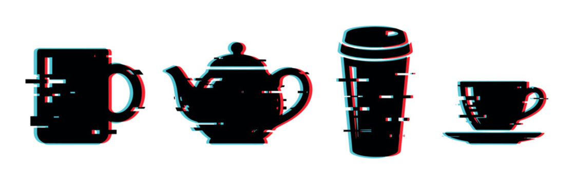 Coffee mug teapot travel cup and teacup with saucer icons in a modern glitch effect style vector illustration