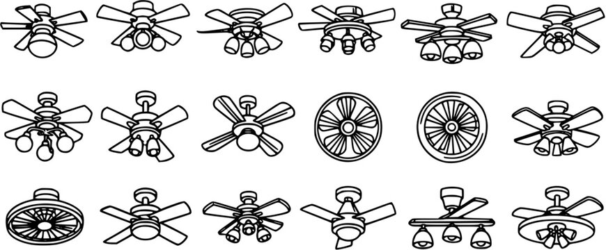 Home Interior Ceiling Fans Vector Line Art Icons Set. Outline symbols for ventilation and lighting appliances in diverse styles.