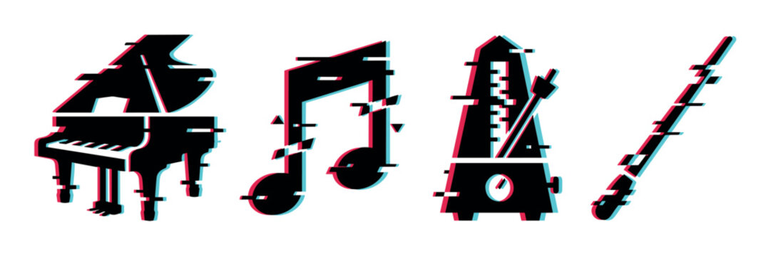 Piano musical note metronome flute icons with glitch effect, vector illustration in black, red, and blue colors