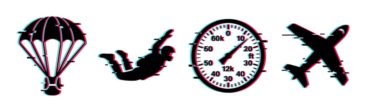Parachute skydiver altimeter airplane icons with glitch effect, vector illustration in flat design style