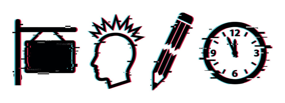 Signboard human head pencil clock icons with digital glitch effect, vector illustration set