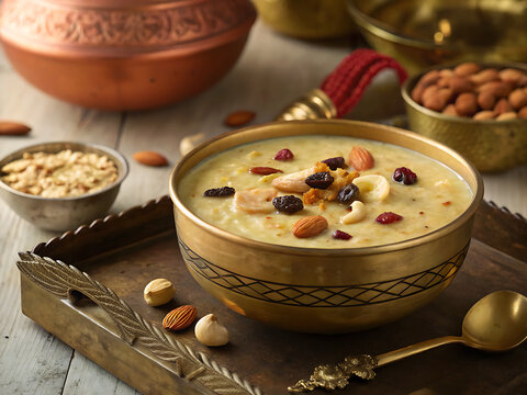 Vishu festival payasam in brass bowl, rich creamy texture, realistic photo