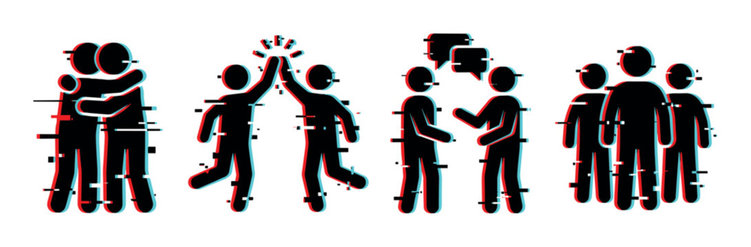 People stick figures hugging, high-fiving, talking, and standing in a group with a glitch effect vector illustration
