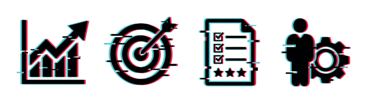 Growth chart target checklist user gear icons with modern glitch effect, vector illustration