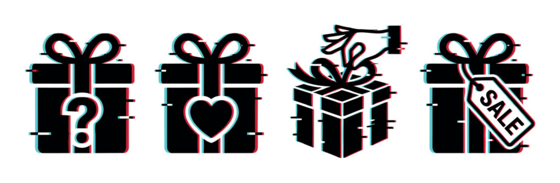 Gift box question mark heart hand sale tag icons with glitch effect, vector illustration