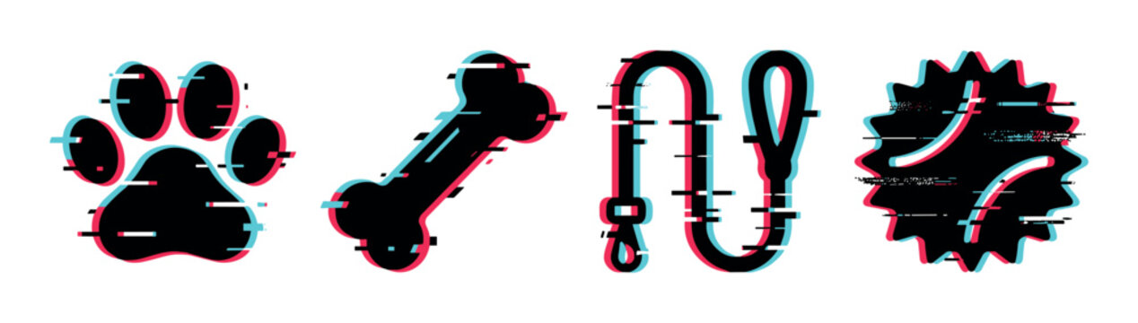 Paw print bone leash and dog toy icons with glitch effect, vector illustration in flat design style