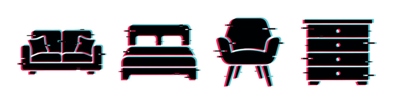 Sofa bed armchair dresser furniture icons with modern glitch effect vector illustration