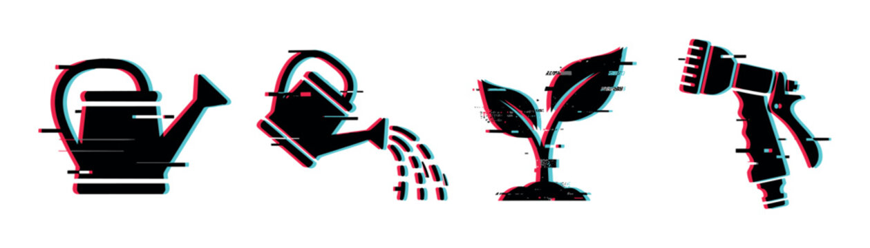 Watering can, plant sprout, and spray gun gardening tools icon set with glitch effect vector illustration