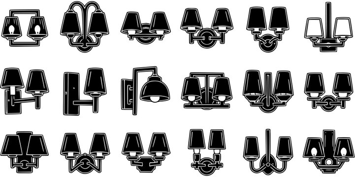 Interior Design Lighting Fixtures Glyph Set - Black  White Vector Icons of Sconces and Chandeliers for Home Decor
