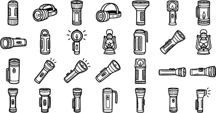 Hand-drawn Flashlight, Torch  Lantern Doodle Line Art Icon Set for Outdoor, Camping  Emergency Lighting. Black  White Tools Collection.