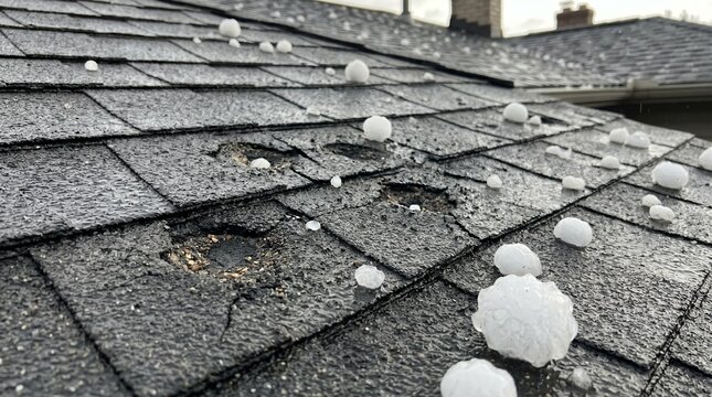 Large hailstones on damaged asphalt shingle roof after severe storm
