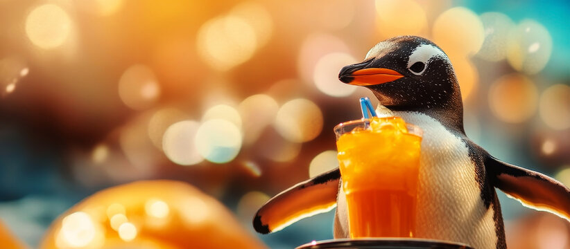 A playful penguin stands beside a glass of orange juice, set in a colorful, festive atmosphere