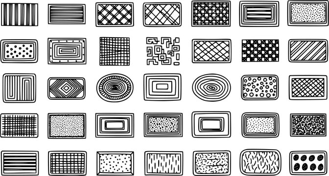 Hand-drawn Black and White Line Art Decorative Patterns Collection - Doodle Style Textures for Textile, Home Decor, and Graphic Design Projects