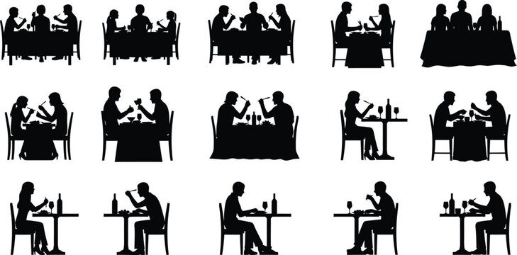 Silhouette collection of people dining at restaurant tables including couples and individuals for food service design vector illustration