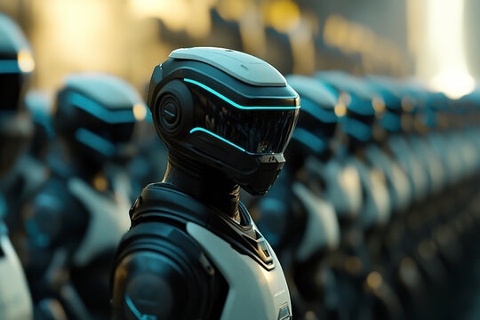 In the near future, a squadron of futuristic cyborgs stand at attention, embodying advanced technology and military precision, creating a striking display of advanced robotics