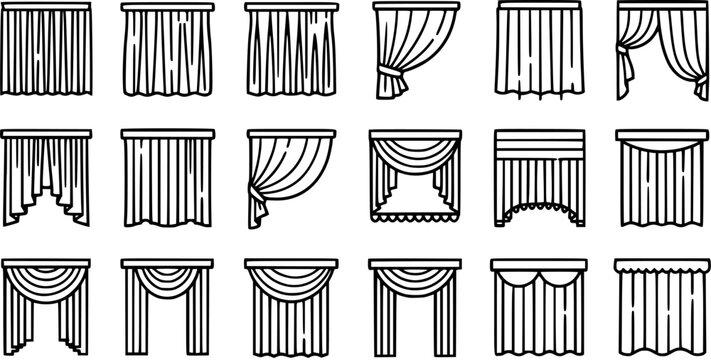 Home Decor Curtains and Drapes Black and White Line Art Icons Set - Collection of Window Treatment Styles for Interior Design Concepts