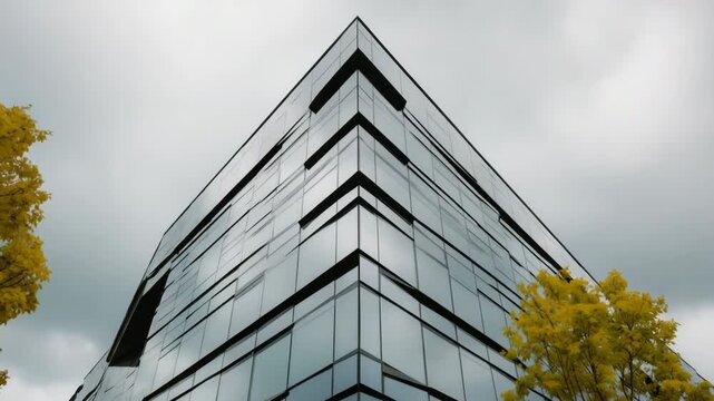 Angular glass office corner with yellow trees in foreground