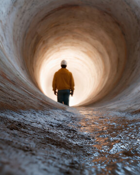 Lone worker walks through a large concrete tunnel. Light shines warmly at the tunnel's far end. Water flows gently along the tunnel's floor. The worker wears a yellow jacket and white hard hat