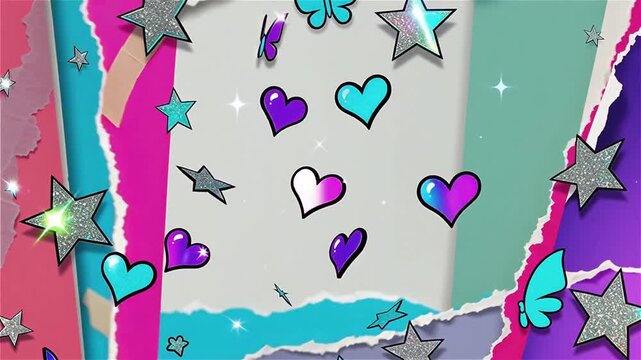 Y2K chrome clipping art animation, metallic glitter stars