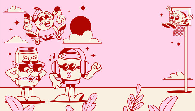 Cartoon Background Scene with Cute Characters and Outdoor Setting