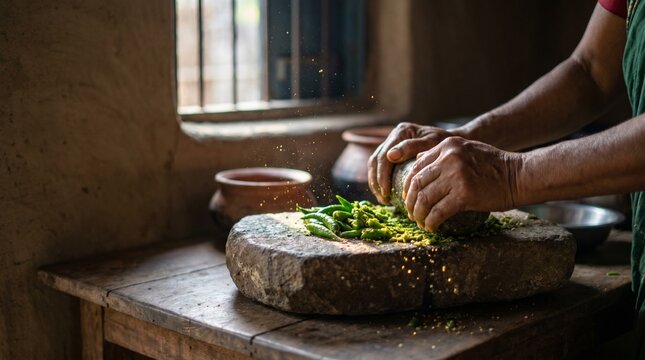 Traditional Bengali Woman Grinding Fresh Green Chilies (Capsicum annuum) on a Stone Mortar (Shil Batta) in a Rural Kitchen - Authentic South Asian Cooking and Spice Preparation.