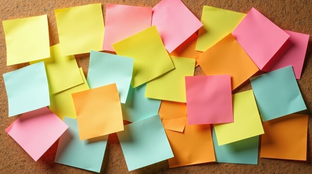 Ca&oacute;ticas notas adhesivas en blanco superpuestas en un tablero de corcho
