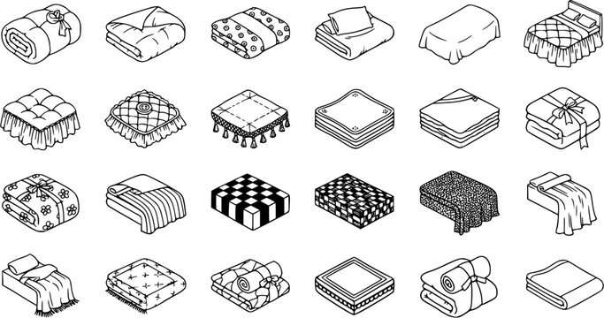 Isometric Black  White Line Art Icons Set of Various Bedding Elements, Blankets, Throws, Pillows, and Beds for Home and Living Design.