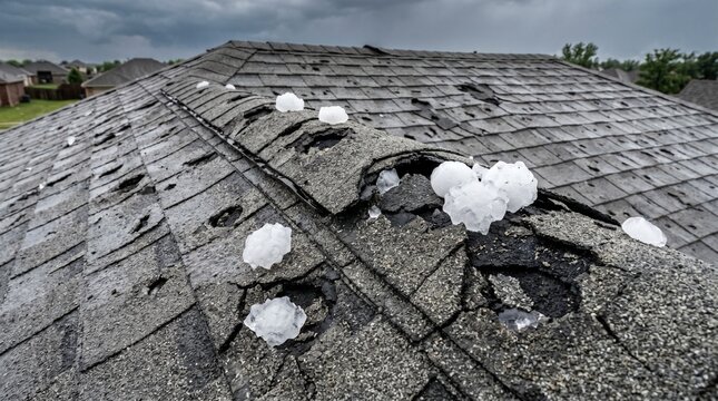 Severe hail impact and large ice pellets on grey roof ridge