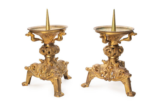 Pair of Antique French Neoclassical Gilt Bronze Pricket Candlesticks with Mythological Motifs