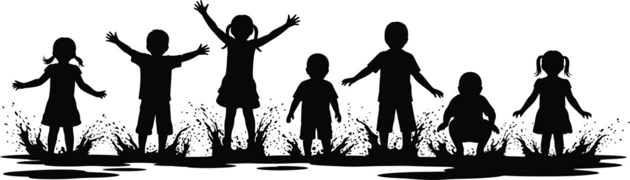 Silhouette of happy children jumping in water puddles with splashes representing childhood joy and outdoor play vector illustration