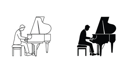 Man playing grand piano icon set in linear and solid black design for music and performance themes © Eastern