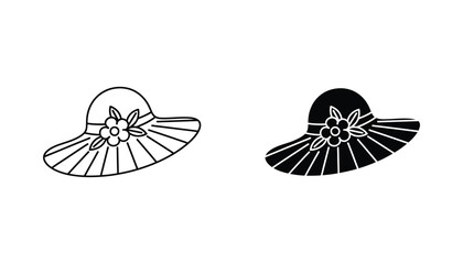 Wide brim sun hat with floral detail icon set in linear and solid black styles for fashion and summer themes © Eastern