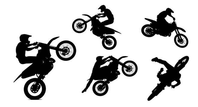 Motocross bikers performing daring stunts isolated on transparent background, Vector