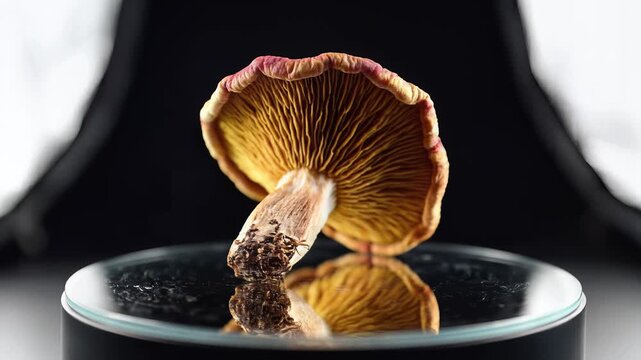 Closeup of a single chanterelle mushroom on a reflective surface.