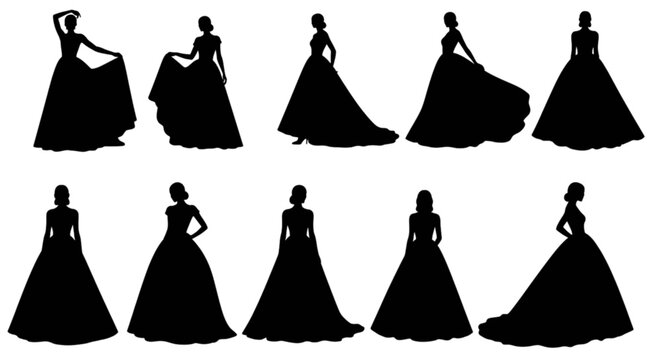 Elegant black wedding dresses silhouette vector isolated on transparent background, Vector