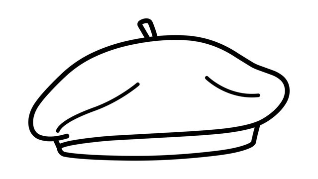 Minimalist beret vector icon with editable stroke. This hand-drawn illustration features a classic French cap in a clean line style, perfect for fashion designs, logos, and customizable projects.