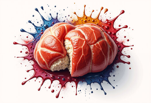 Red visceral fat with colorful splashes on a white background  