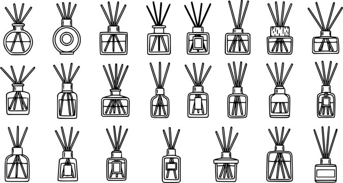 Black and White Line Art Icons Collection of Aromatherapy Reed Diffusers and Fragrance Bottles for Home Decor, Wellness, and Beauty Industry