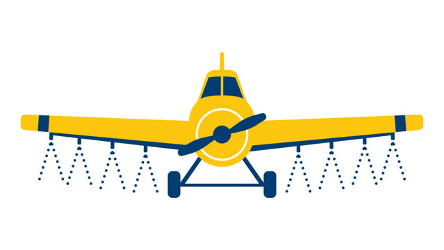 Vintage crop duster airplane vector icon illustration for agricultural aviation and farming industry concepts. Hand-drawn minimalist outline of a biplane spraying crops in a rural landscape set.