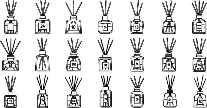 Aromatherapy Reed Diffuser Bottles Black and White Line Art Icons Set. Outline Home Fragrance Diffusers for Wellness and Scent.