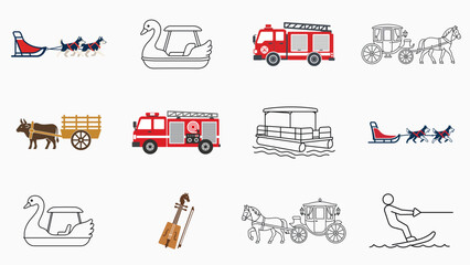 Premium vector icon set and collection of 12 hand-traced transport and culture illustrations including vintage horse carriage, traditional dog sled, fire engine, swan boat, and ethnic fiddle bundle. © Abdullah
