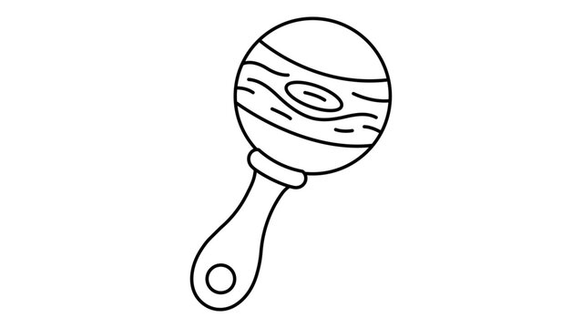 Traditional wooden rattle toy vector icon illustration with editable stroke, hand-drawn minimalist line art for newborn accessories or infant play design, scalable outline for children's branding.