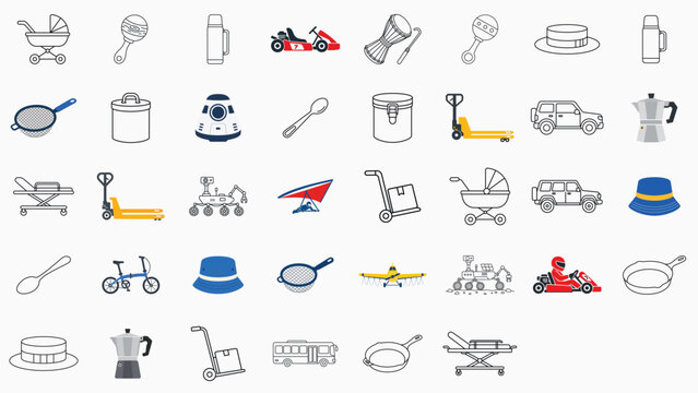 Premium 38 Vector Icon Set Bundle featuring hand-drawn minimalist outlines of kitchen tools, transport vehicles, parenting gear, and industrial equipment with a professional editable stroke design.