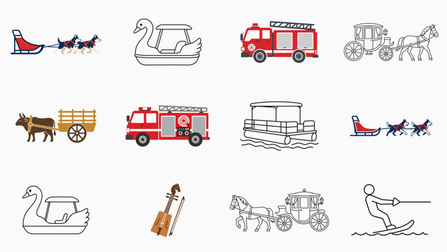 Premium vector icon set and collection of 12 hand-traced transport and culture illustrations including vintage horse carriage, traditional dog sled, fire engine, swan boat, and ethnic fiddle bundle.