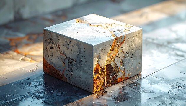 Textured cube with marble and rust pattern, reflective surface on a tiled floor